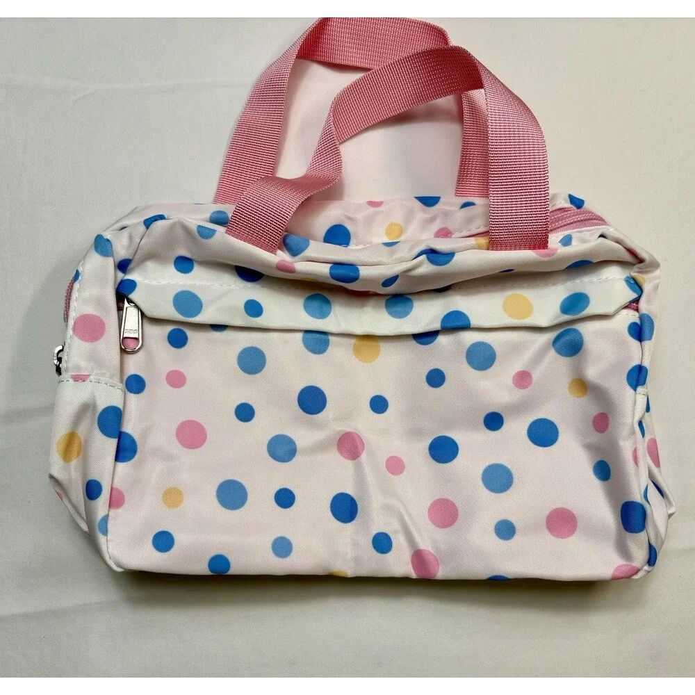 Polka Dot Makeup Bag White Pink Blue Yellow Zipper Handle 10in x 5in